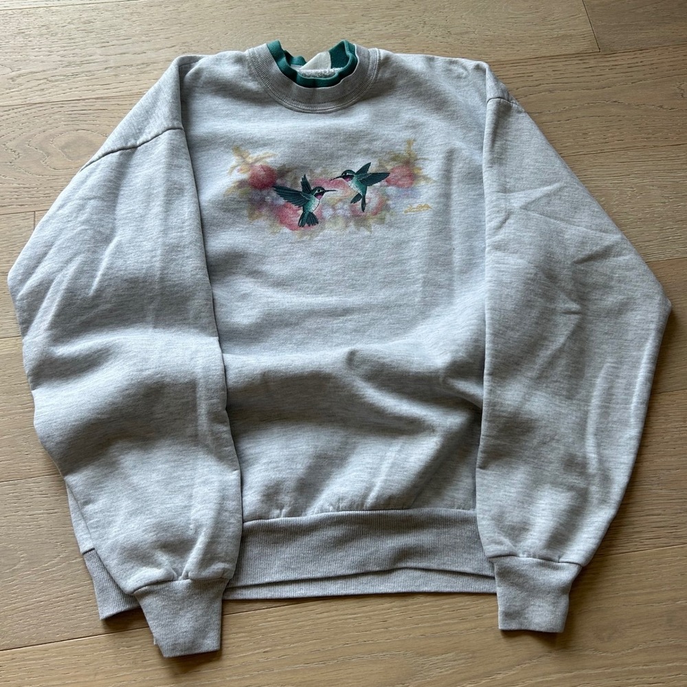 Vintage Morning Sun Hummingbird Sweatshirt Gray Double Neck 90s XL